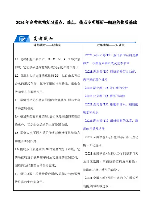 2024年高考生物复习重点、难点、热点专项解析—细胞的物质基础