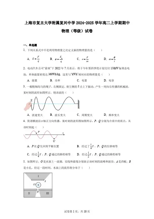 上海市复旦大学附属复兴中学2024-2025学年高二上学期期中物理(等级)试卷