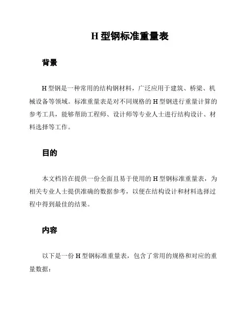 H型钢标准重量表