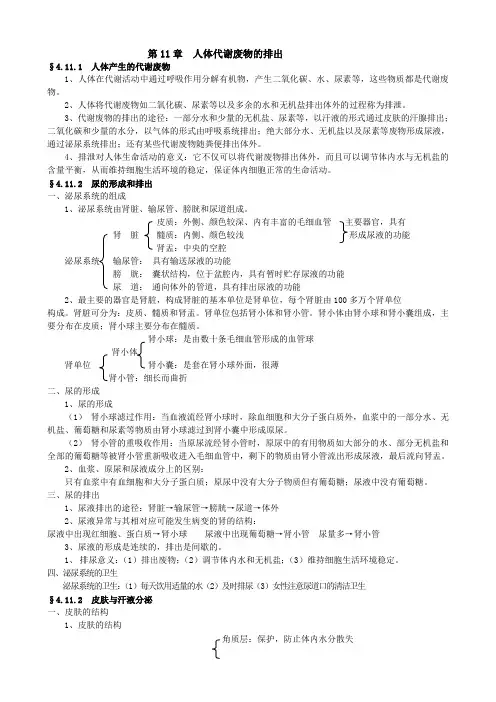 生物：第11章《人体代谢废物的排出》复习资料(北师大版七年级下).doc