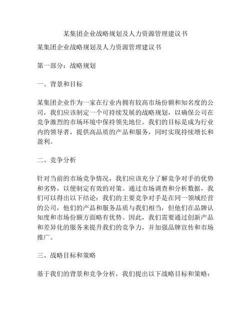某集团企业战略规划及人力资源管理建议书