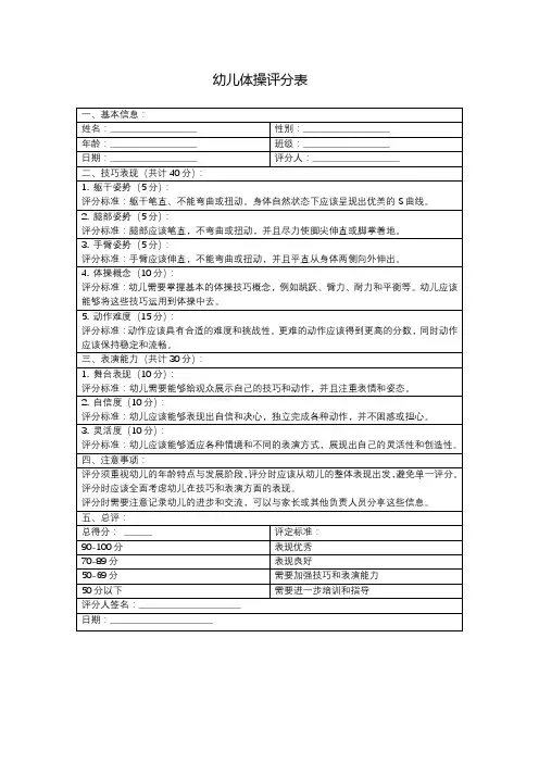 幼儿体操评分表