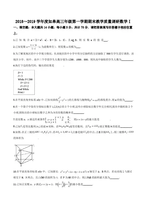 江苏省如皋市2019届高三第一学期期末教学质量调研数学试题(原卷版)
