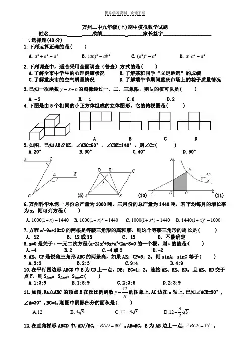 万州二中九年级(上)期中模拟数学试题
