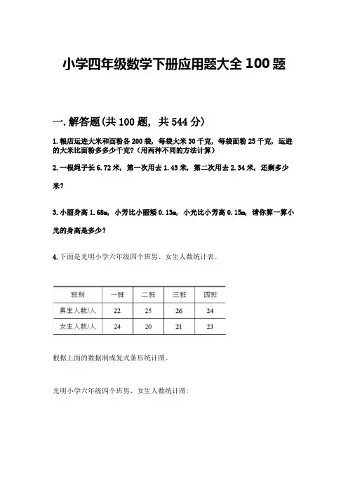小学四年级数学下册应用题大全100题-精品(典优)