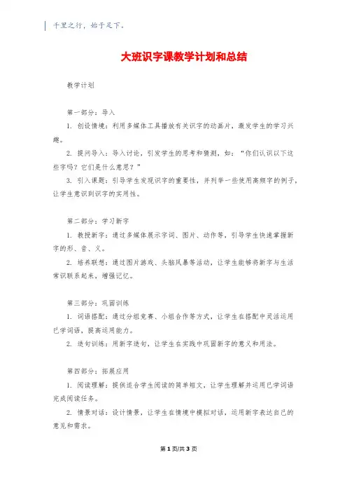 大班识字课教学计划和总结