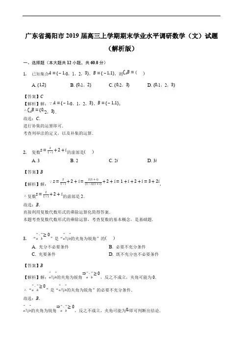 广东省揭阳市2019届高三上学期期末学业水平调研数学(文)试题及精品解析