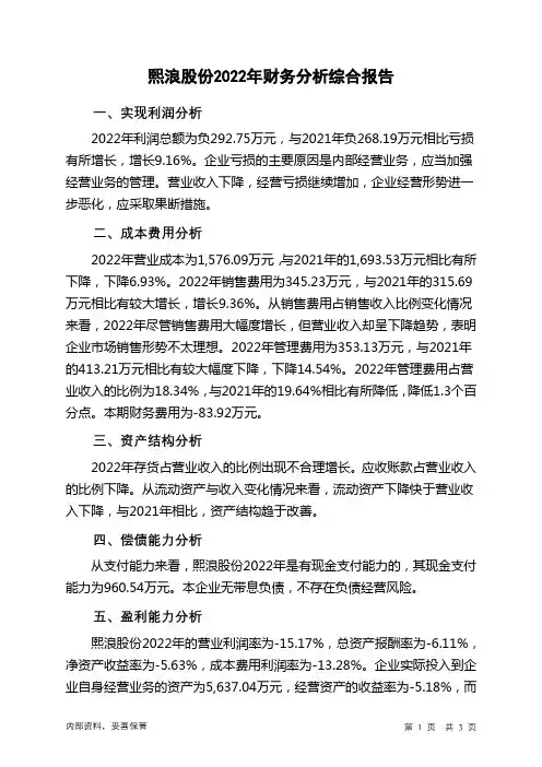831026熙浪股份2022年财务分析结论报告