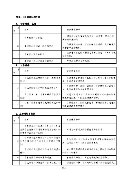 HR面试问题汇总(表格)
