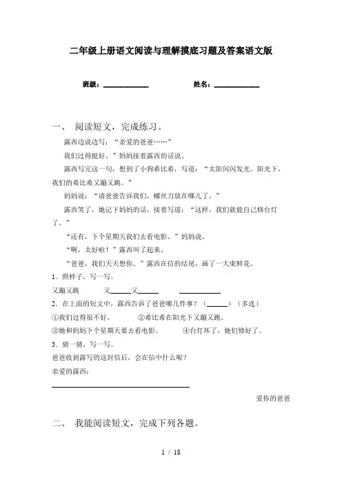 二年级上册语文阅读与理解摸底习题及答案语文版