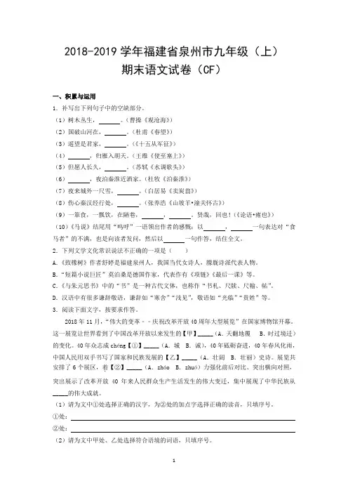 2018-2019学年福建省泉州市九年级(上)期末语文试卷(cf)