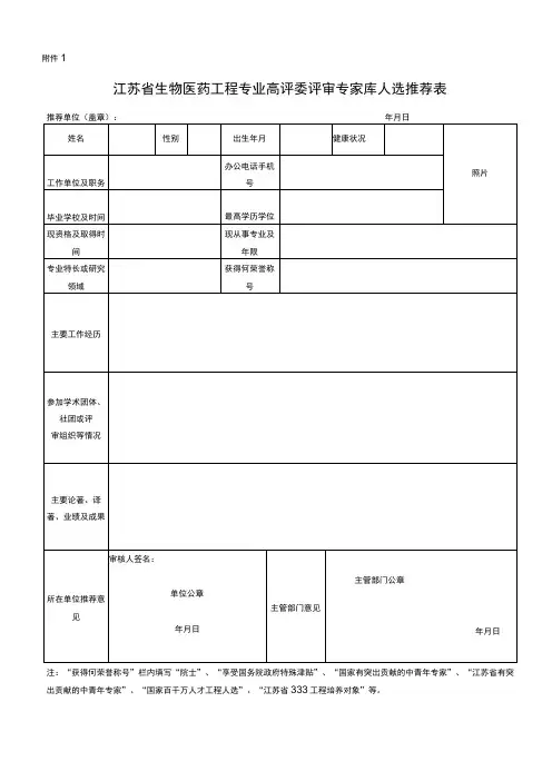 评审专家库人选推荐表