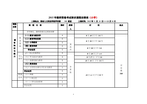 2015年教师资格考试培训课程安排表(小学)