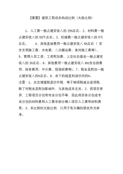 重要 建筑工程成本构成比例 大致比例