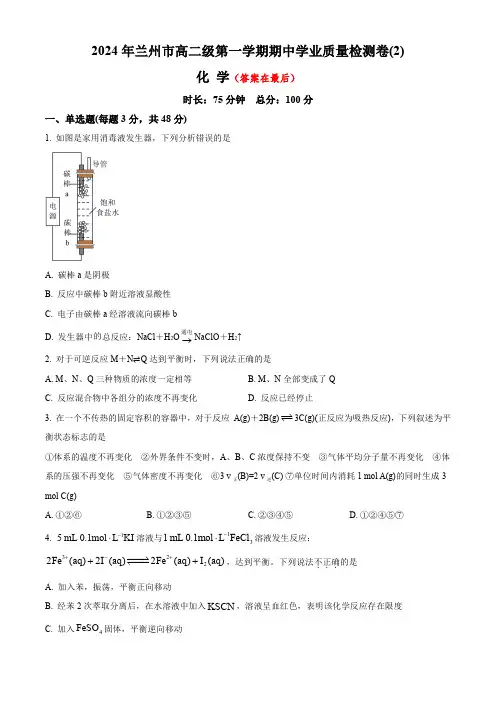 甘肃省兰州2024-2025学年高二上学期11月期中考试 化学含答案