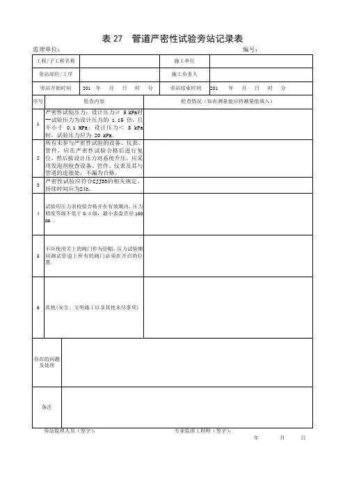 【燃气监理用表】管道严密性试验旁站记录表