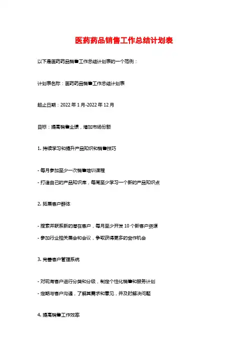 医药药品销售工作总结计划表