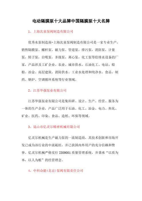电动隔膜泵十大品牌中国隔膜泵十大名牌