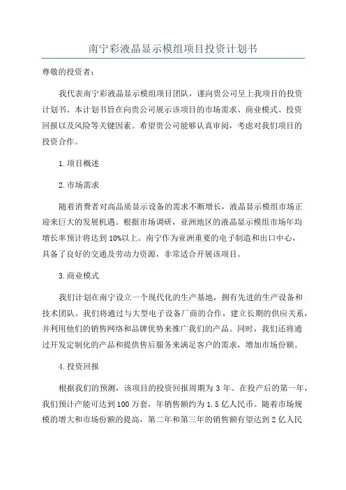 南宁彩液晶显示模组项目投资计划书