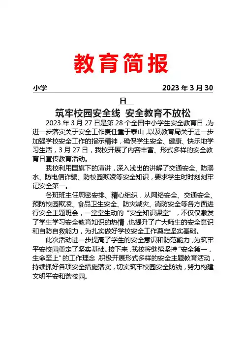 开展第28个全国中小学生安全教育日和第8个全民国家安全教育日宣传教育活动简报