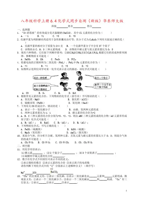 八年级科学上册6.4化学式同步自测(新版)华东师大版