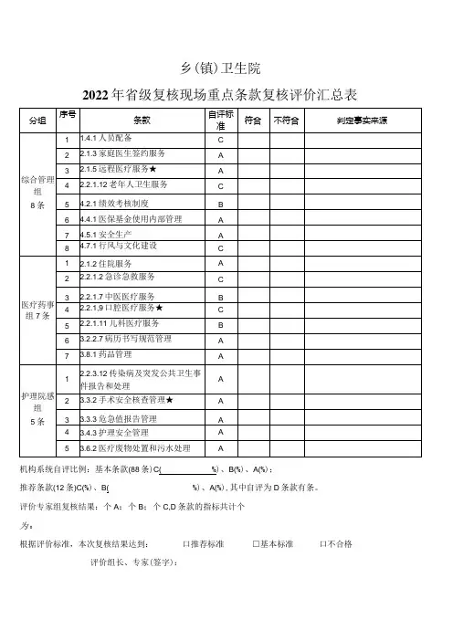 小型医院现场复核评价汇总表(最新)