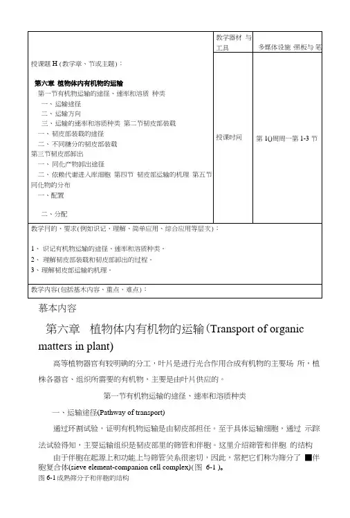 《植物生理学》(第四版)教案第六章植物体内有机物的运输(高等教育出版社)(中职教育).doc