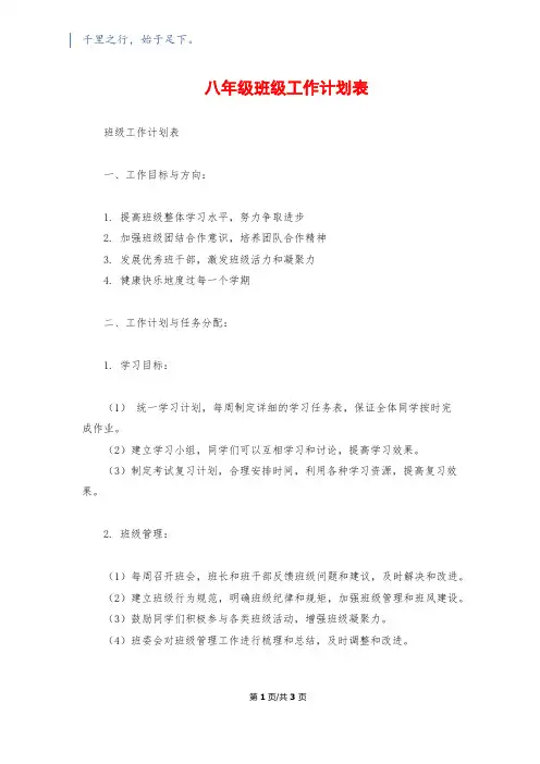 八年级班级工作计划表