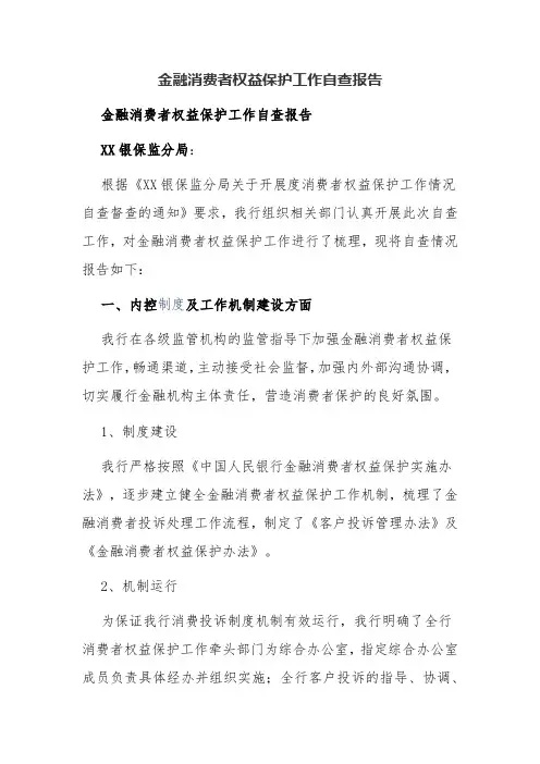 金融消费者权益保护工作自查报告