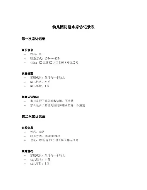 幼儿园防溺水家访记录表10篇
