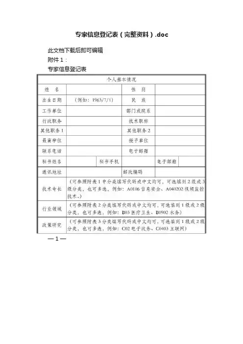 专家信息登记表（完整资料）.doc