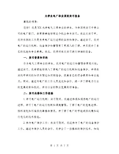 大学生电厂毕业顶岗实习报告（2篇）