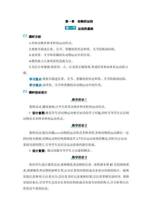 2024年冀少版八年级生物上册教学 第四单元 动物的生活 第一章 动物的运动第一节 运动的基础