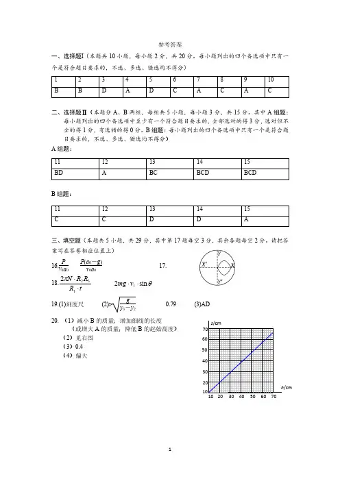 2020年浙江省宁波市物理竞赛试题答案