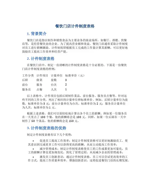 餐饮门店计件制度表格