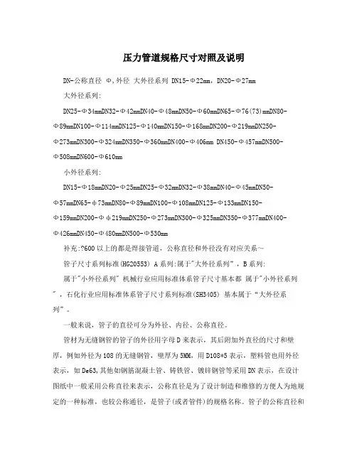压力管道规格尺寸对照及说明