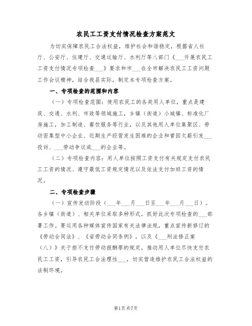 农民工工资支付情况检查方案范文(二篇)