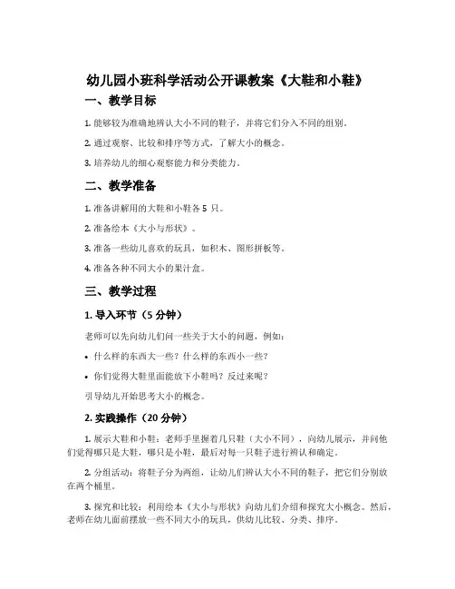 幼儿园小班科学活动公开课教案《大鞋和小鞋》
