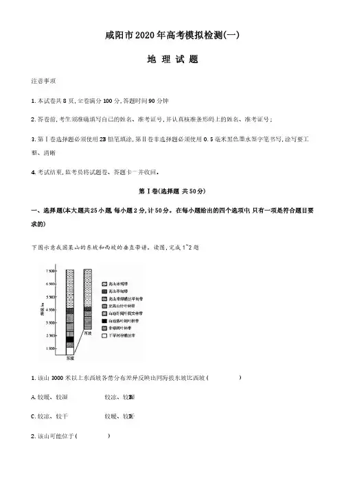 陕西省咸阳市2020届高三高考模拟检测（一）地理试题（带答案及..