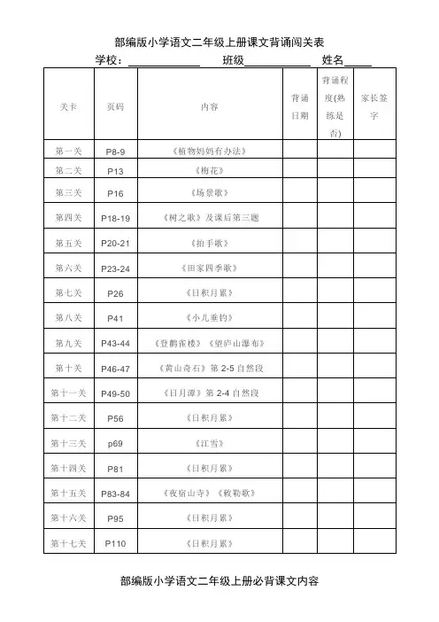 部编版二年级语文上册课文背诵闯关表及内容