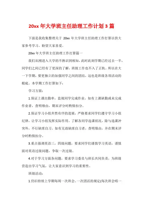 20xx年大学班主任助理工作计划3篇