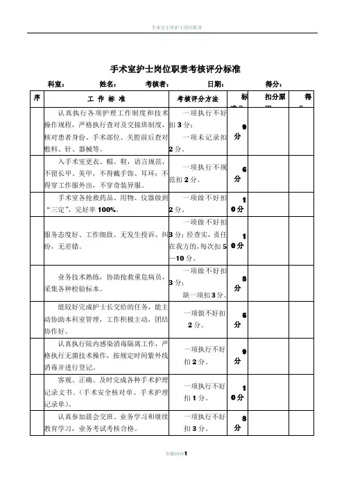 手术室护士岗位职责考核评分标准