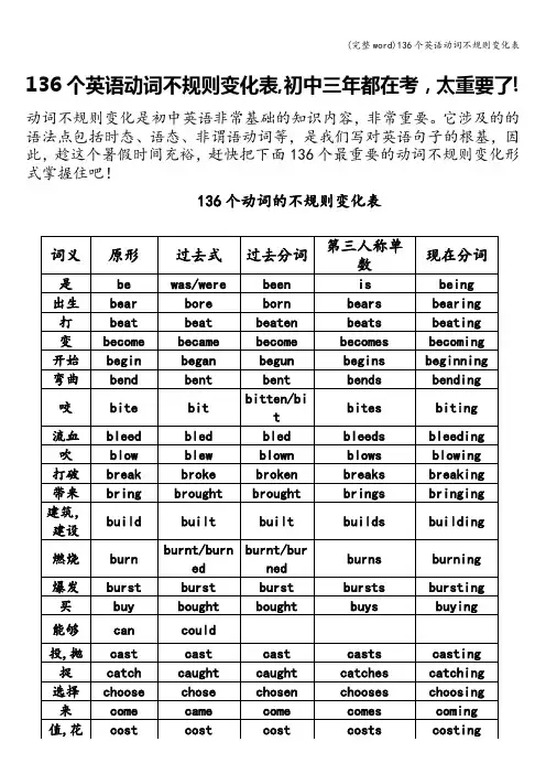 (完整word)136个英语动词不规则变化表