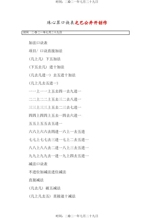 最完整全面的版《珠心算口诀表》