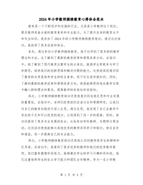 2024年小学教师继续教育心得体会范本(2篇)