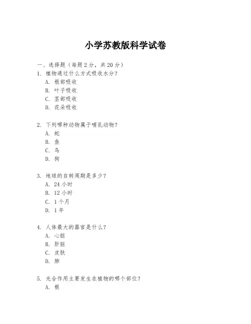 小学苏教版科学试卷