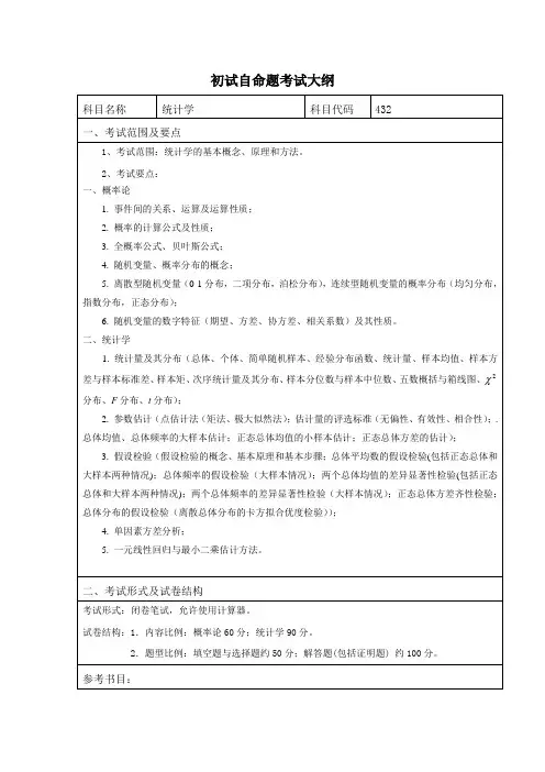 工业大学考研《统计学》初试大纲