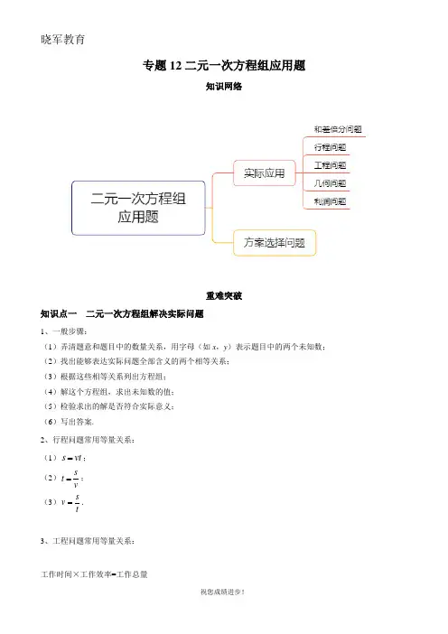 七年级初一下学期数学 专题12 二元一次方程组应用题(知识点串讲)(解析版)