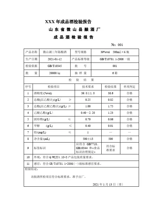 XXX年成品酒检验报告