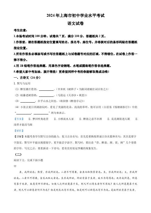 2024年上海市中考语文真题(解析卷)